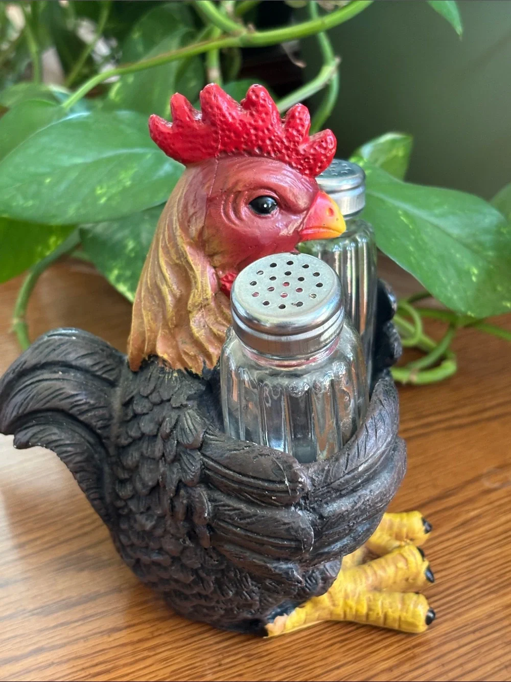 Decorative Rooster Salt and Pepper Shaker Holder - Brown and Yellow